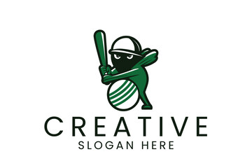 Green Cricket Mascot Logo Design Creative Sport bat art team icon ball cute game