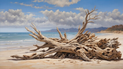 Fototapeta premium Driftwood on the Beach for Natural and Rustic Decor Themes