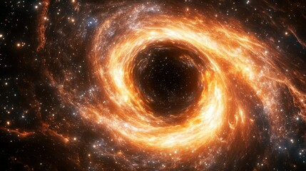 Cosmic vortex, swirling fiery nebula around a black hole
