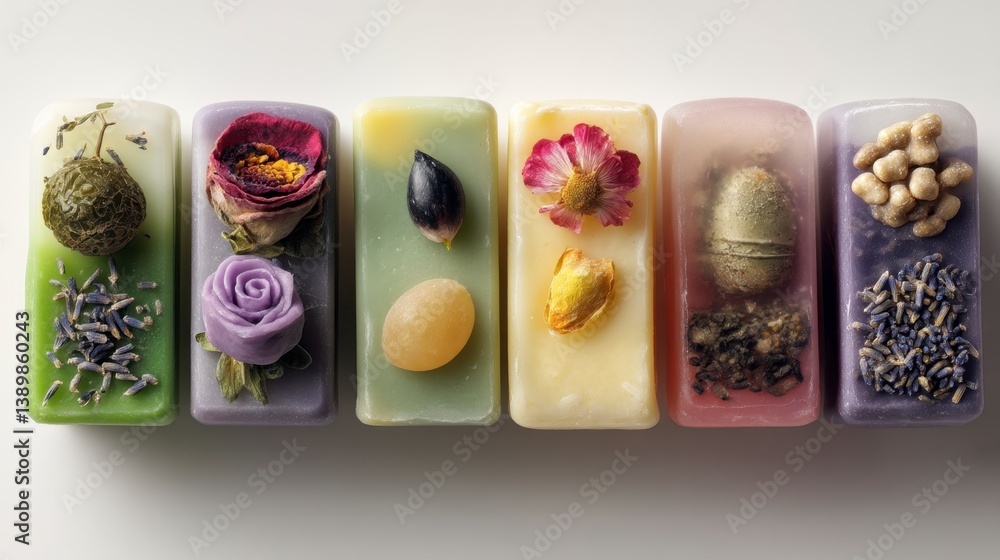 Poster six artisan soaps with embedded flowers and other botanicals, arranged in a row on a white backgroun