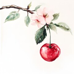 A single cherry hanging from a branch with blooming pastel flowers and lush green leaves