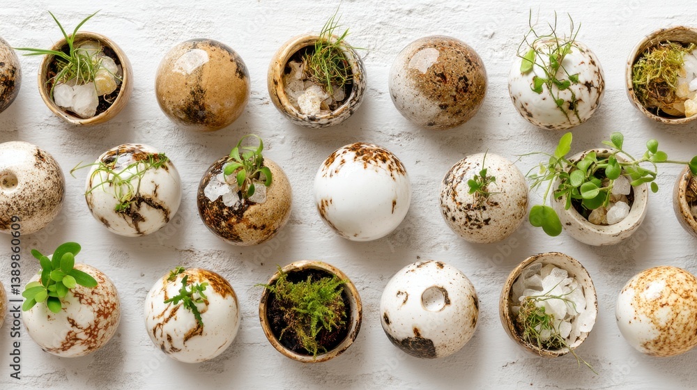 Poster overhead shot of small ceramic pots with sprouting plants arranged in rows on a light gray backgroun