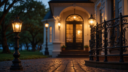 A grand Victorian mansion porch with intricate wrought iron railings, polished wooden floors, and warm gas lanterns, late evening glow,