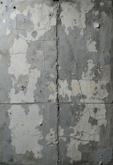 Obraz premium A weathered white wall displays peeling paint in various shades of off-white and gray, revealing cracks that add character and depth, creating a rustic, vintage aesthetic.