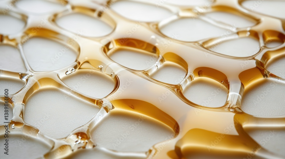 Poster close-up view of an amber-colored viscous liquid creating intricate web-like patterns of ovals and f