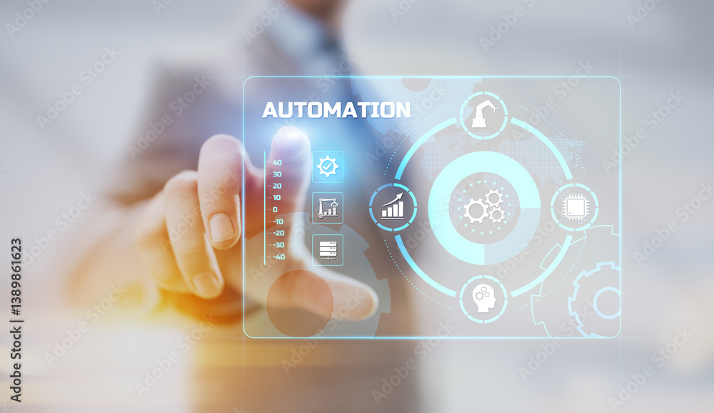 Poster automation innovation technology concept. businessman pressing button on screen.