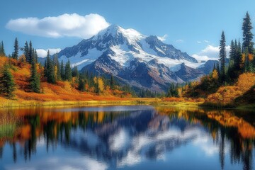 Fototapeta premium Snow-Capped Mountain Reflection in Calm Lake Surrounded by Autumn Foliage in Washington State