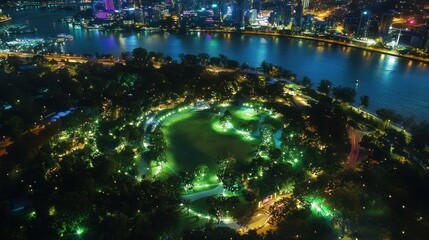 Aerial view of a vibrant park illuminated at night, surrounded by a city skyline.