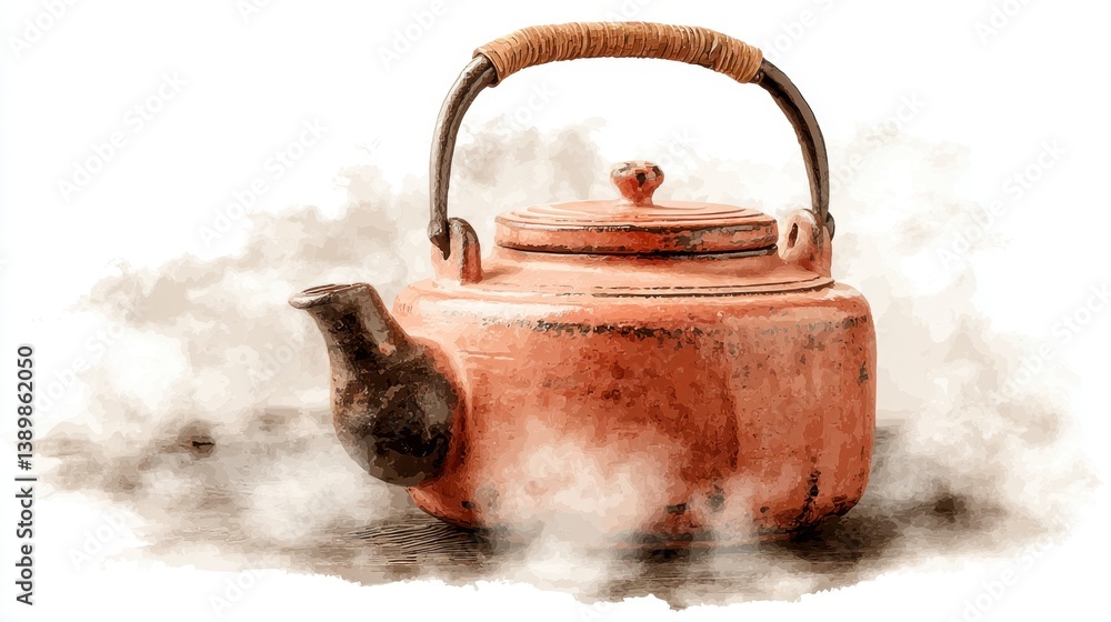 Poster a rustic terracotta teapot with a woven handle, steaming on a dark surface. soft light and subtle te