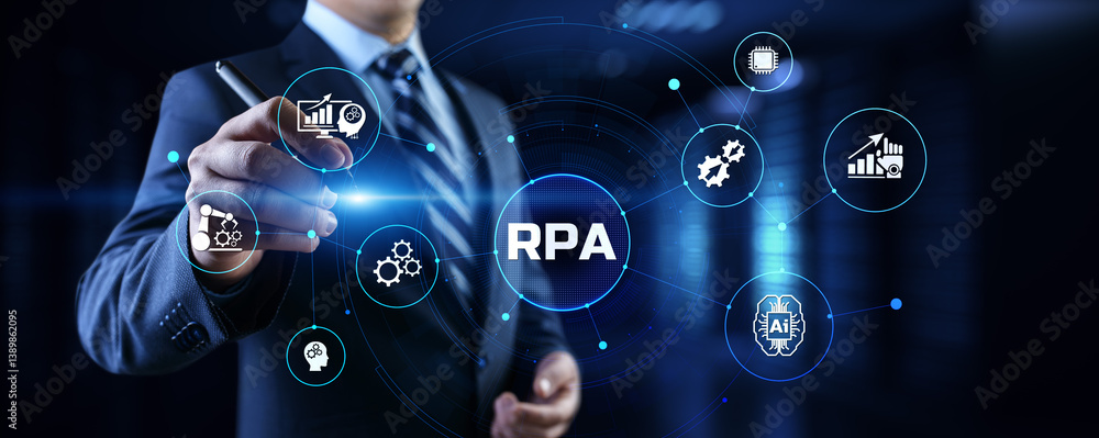 Poster rpa robotic process automation business process optimisation innovation technology concept.