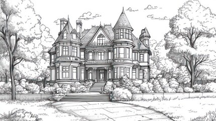 Detailed sketch of Victorian mansion in park
