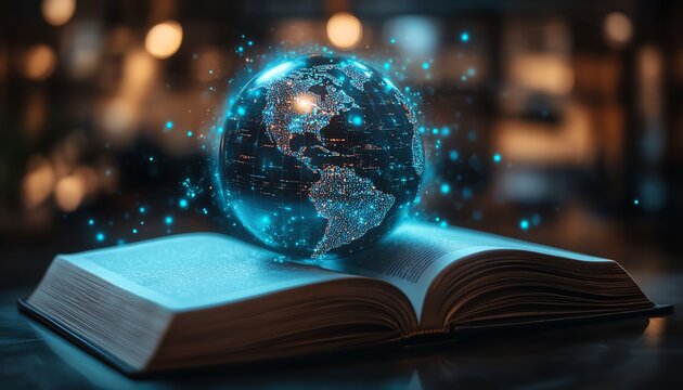 Open book with a spherical globe of the world placed on its pages