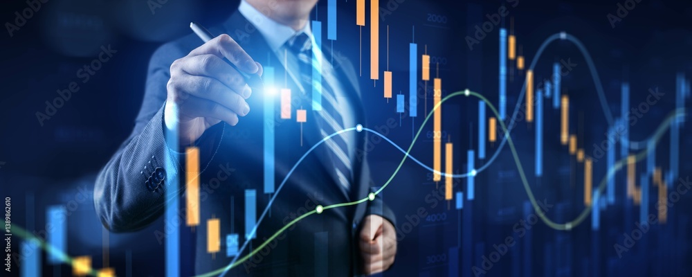 Poster advanced financial analysis and strategic decision-making with digital visualization.