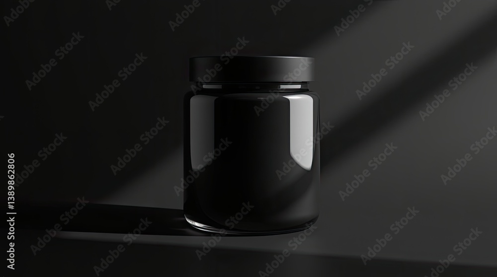 Poster an opaque black jar with a matching lid sits on surface