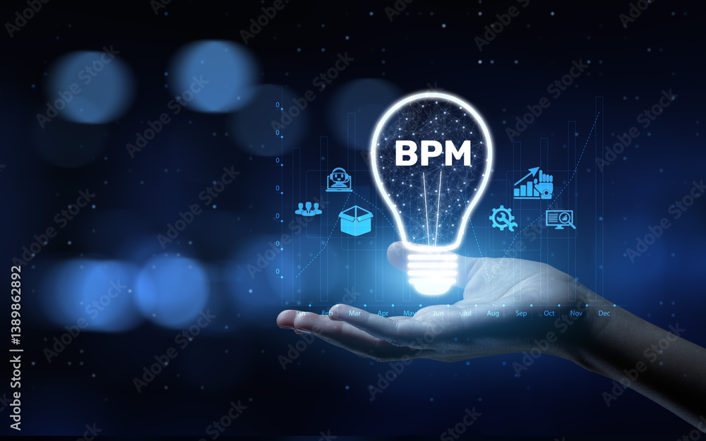 Poster bpm business process management optimizing workflow and efficiency with human hand holding lamp holo