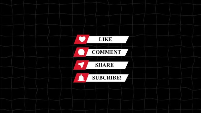 Like, comment,share and subscribe icon set on a black background. Animated kinetic thanks for watching like comment share subscribe subscribed call to action icons.
