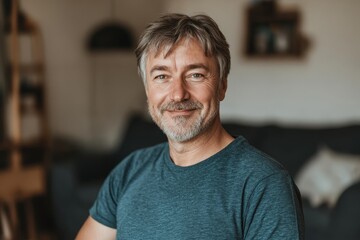 Obraz premium minimalistic portrait of adult European softly smiling man is 50 years old wearing T-shirt at living room background