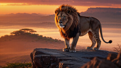 Leone maschio sulla cima di una montagna osserva la savana africana al tramonto