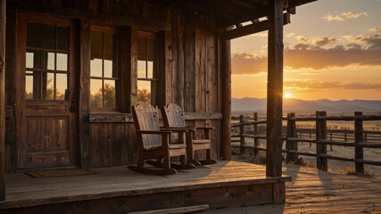 Fototapeta premium A traditional African tribal hut porch, thatched roof shading wooden chairs, woven baskets and pottery placed nearby, warm earthy tones