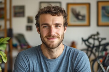 minimalistic portrait of adult European softly smiling man is 30 years old wearing blue T-shirt at living room background
