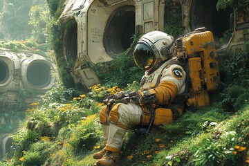 Alien Rewilding – Realistic Illustration of an Eco-Engineer Restoring Extraterrestrial Ecosystems