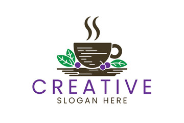 Elegant Coffee Cup Logo Design with Leaves Berries tea hot art cafe icon food   
