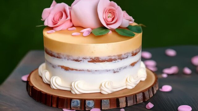 Delicious cake with fresh pink roses and creamy frosting on rustic tray wood