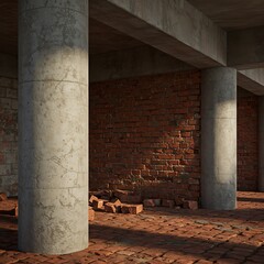 Exposed Brick Building Interior with Concrete Pillars and Floor Detail