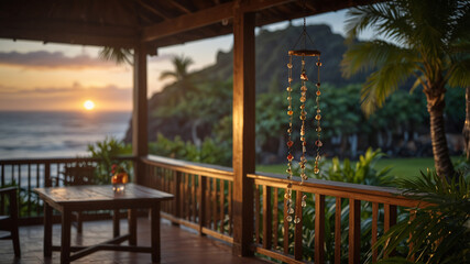 Fototapeta premium A traditional Hawaiian wooden lanai porch, lush tropical greenery, soft ocean breeze moving hanging wind chimes, peaceful sunset atmosphere