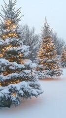 Snowy Evergreen Trees Decorated With Warm White Festive String Lights