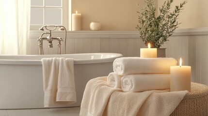 Fototapeta premium Serene bathroom scene with warm candlelight clean towels and luxury bathtub in soft cozy ambient light a haven for relaxation and comfort