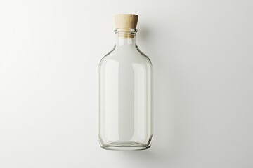Elegant empty glass bottle with cork stopper against a bright white background minimalist product