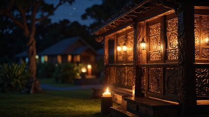 Fototapeta premium A traditional Maori wharenui porch, intricate wooden carvings of ancestors, glowing torches at night, cultural and spiritual ambiance