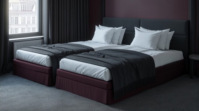 Elegant modern double bed setup in stylish hotel room with dark decor