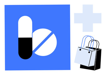 Pill capsule and tablet in blue square with medical cross and shopping bags. Ideal for healthcare, e-commerce, pharmaceutical retail, online shopping, healthcare delivery, medical supply chain