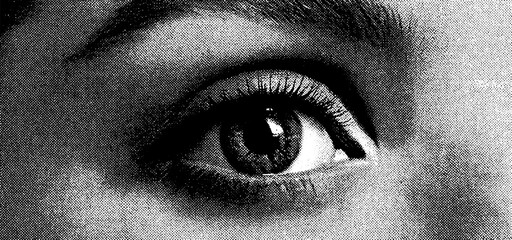 Abstract halftone banner with a pop art eye, black design elements, and a surreal love-inspired background in retro style