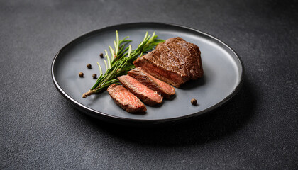 Juicy roasted beef slices garnished with fresh rosemary and peppercorns. Tasty meal. Delicious food