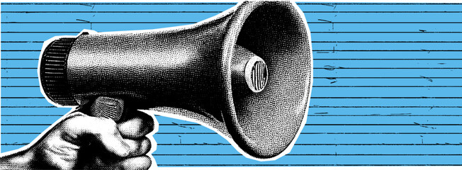 Web Retro loudspeaker art poster with fake news vibes, pop halftone style, and a bold protest-themed graphic design statement.