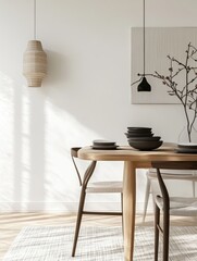 Scandinavian Dining Space with Light Wood Furniture and White Wall in Minimalist Style