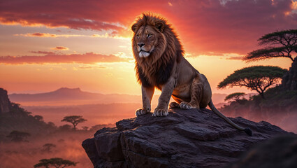 Leone maschio seduto sulla cima di una montagna osserva la savana africana al tramonto