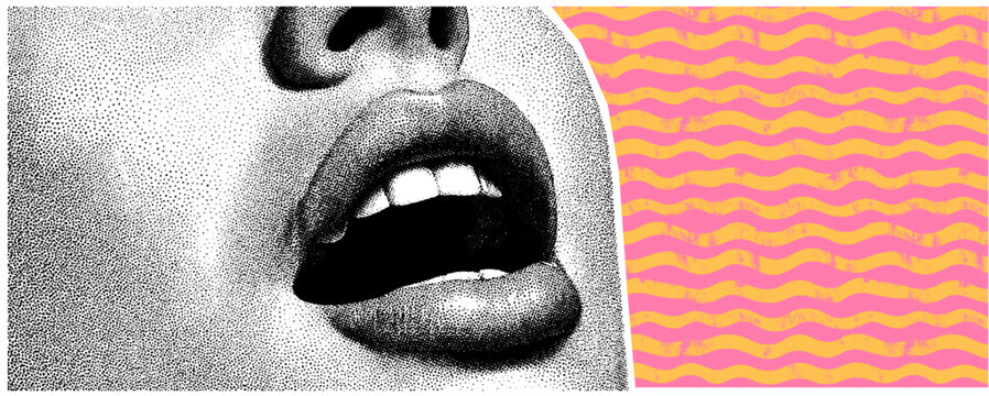 A red-framed punk art piece with a screaming mouth, crazy vector lines on textured paper, full of rebellious pop energy