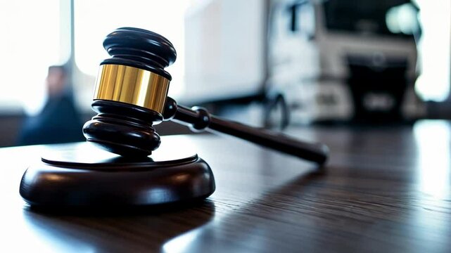 Courtroom scene with a focused gavel and a hummer truck in the background