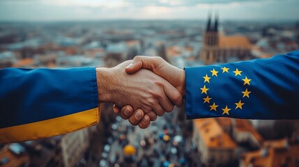 Individuals with flags of Ukraine and the European Union shake hands against a panoramic urban backdrop, symbolizing partnership and solidarity during a significant moment