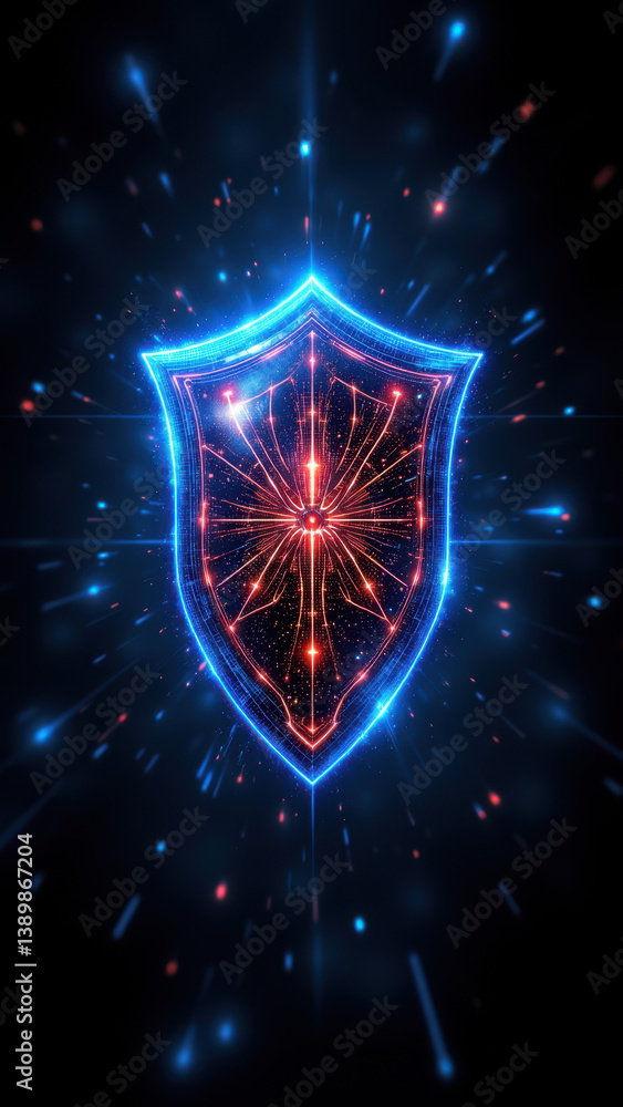 Aufkleber illustration of a digital shield with an embedded network, symbolizing cybersecurity and online prot