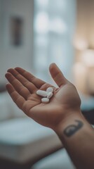 Naklejka premium Hand holding white pills in home setting