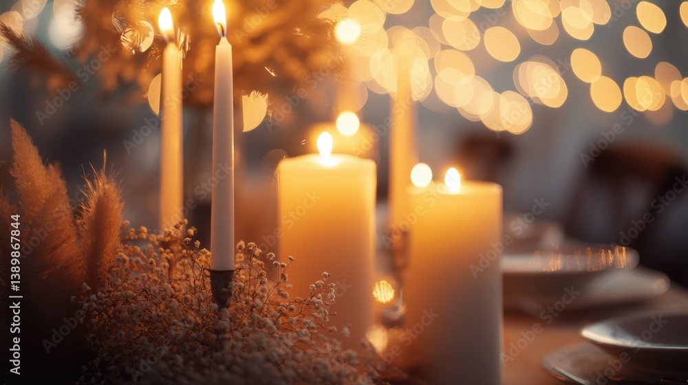 Poster warm candlelight glow illuminating elegant table decoration with pampas grass and soft bokeh backgro
