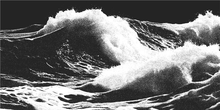 Pop art ocean collage with dadaist flair — blue retro textures meet seaside memories in a zin-style aesthetic