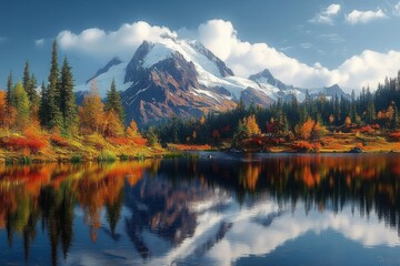 Obraz premium Mount Shuksan Reflection in Autumn Colors by Scenic Lake in Washington State