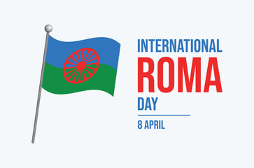 International Roma Day poster vector illustration. Romani flag on a pole icon. Waving Romani people flag symbol. Template for background, banner, card. April 8 every year. Important day