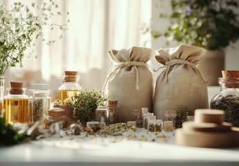 Herbal remedies and oils on rustic table.